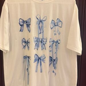 SHEIN White Tee with Blue Bow Print